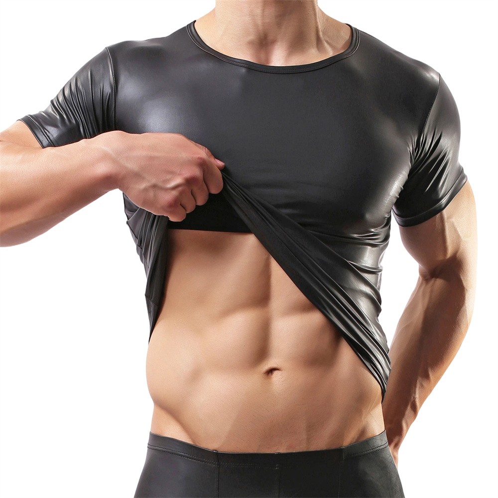 Glossy Pvc Leather Mens Short Sleeve Tops Fitness Club T-shirt New Tops Clothing