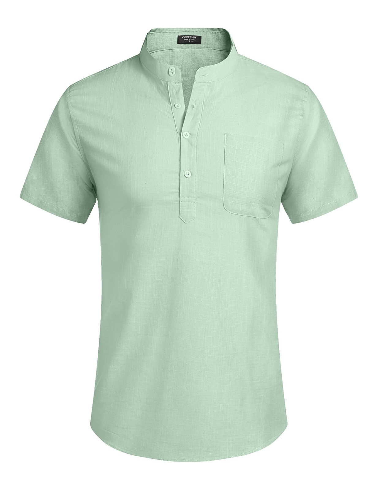 Men’s Casual Cotton Linen Henley Shirts Beach with Pocket Light Green L