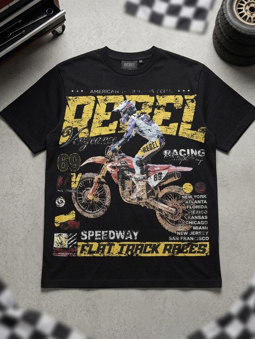 Rebel Speedway Flat Track Races Graphic Tee – Vintage Y2K Motocross Black Tshirt