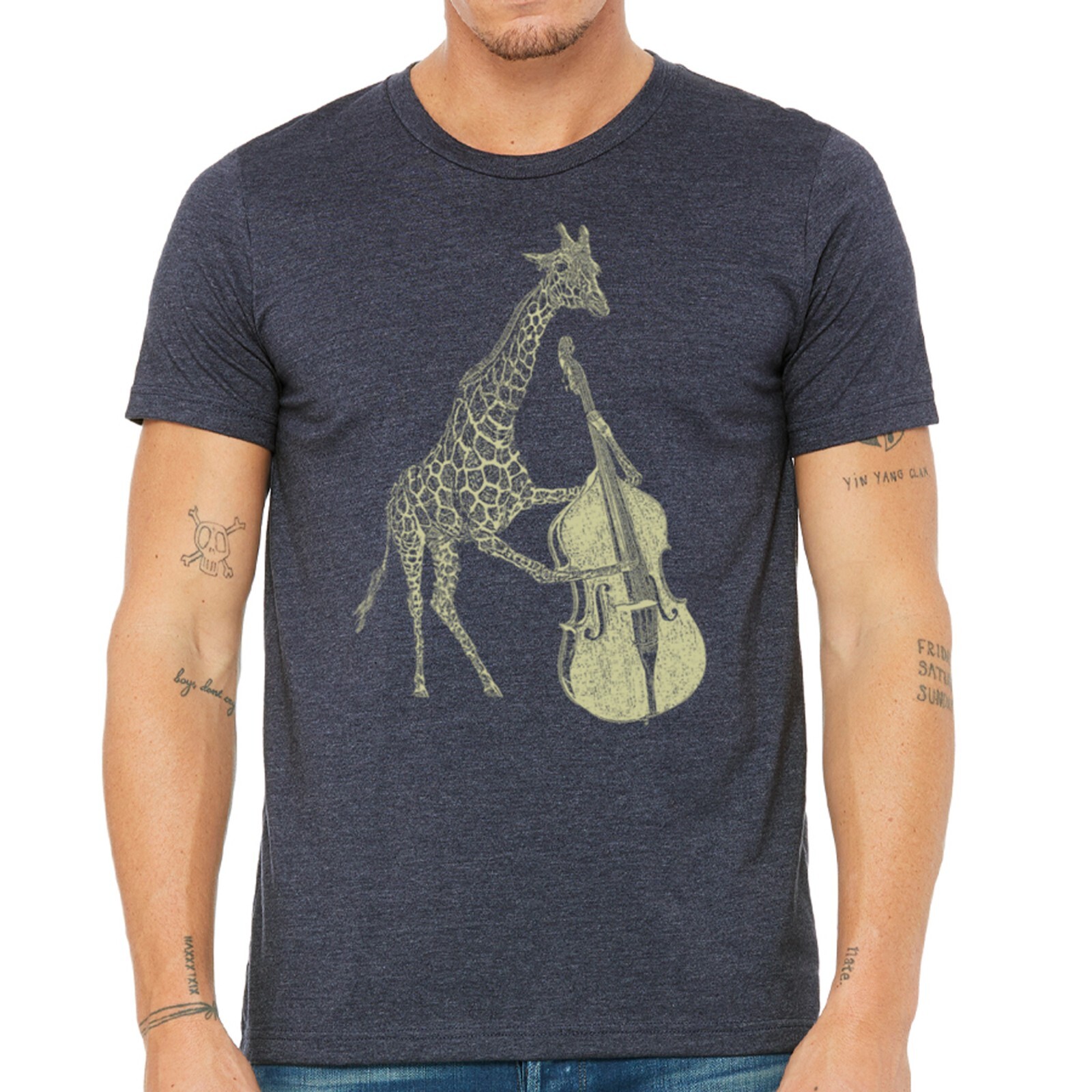 Giraffe Playing Bass T Shirt- Men’s Music Animal Tee- Guys Graphic Screen Print