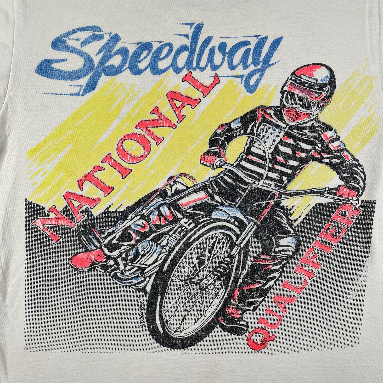 Vintage Speedway Racing Shirt Mens Large White Auburn Qualifier Signed 80s