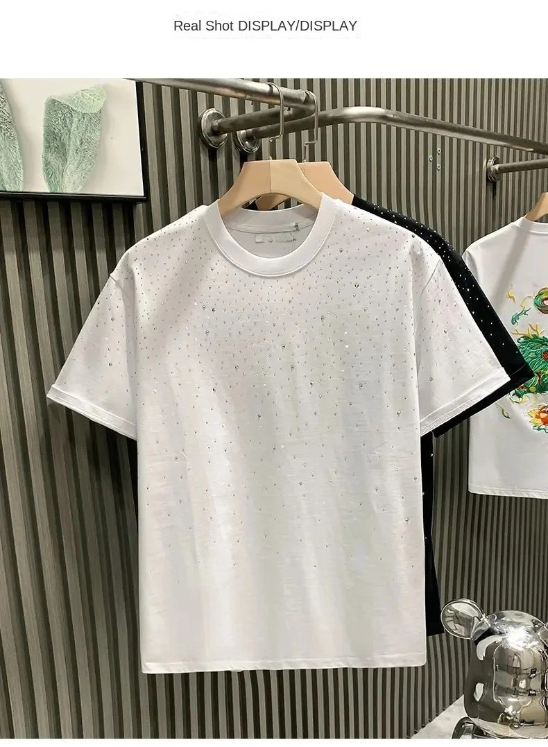 New Men Women Luxury Diamond Rhinestones Black White T-Shirt High Quality