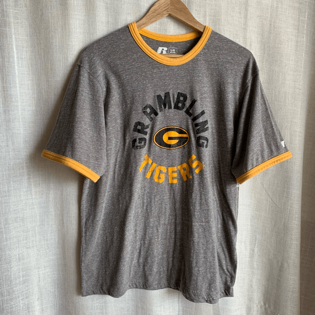 Russell Athletic Grambling Tigers Mens Graphic Ringer T Shirt Size L Gray Yellow