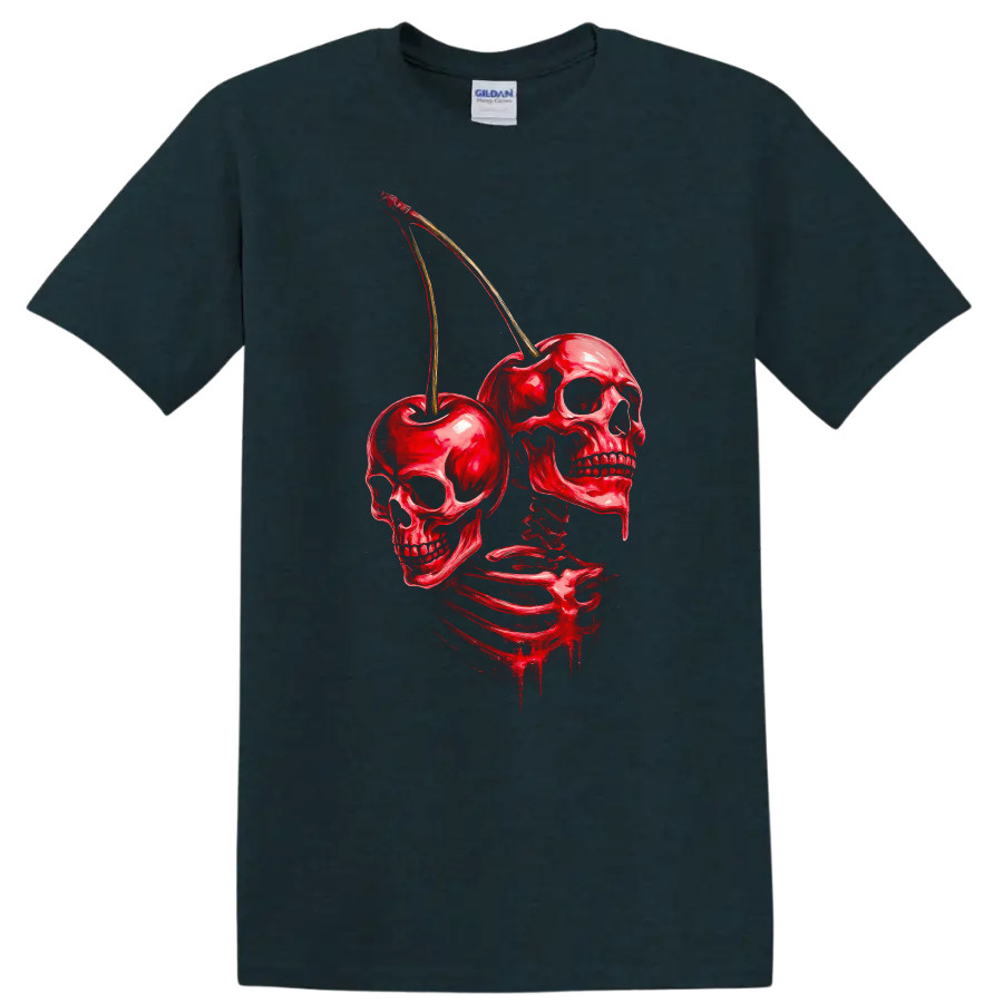 Skull Cherry Skeleton Graphic T Shirt Creepy Halloween Tee Art Design