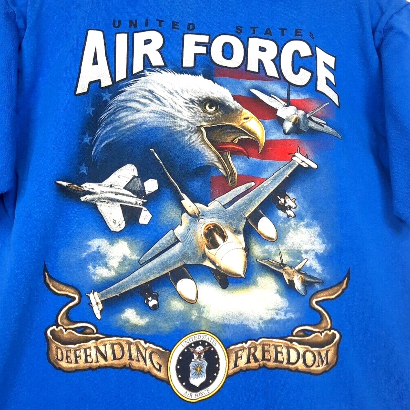 US Air Force Jets Defending Freedom T-Shirt Medium Blue Double Sided Bayside