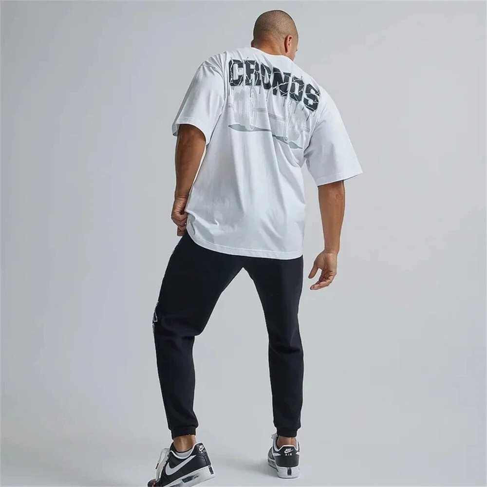 Men’s Oversized Cotton Gym Training Sportswear Tshirt Fitness Bodybuilding