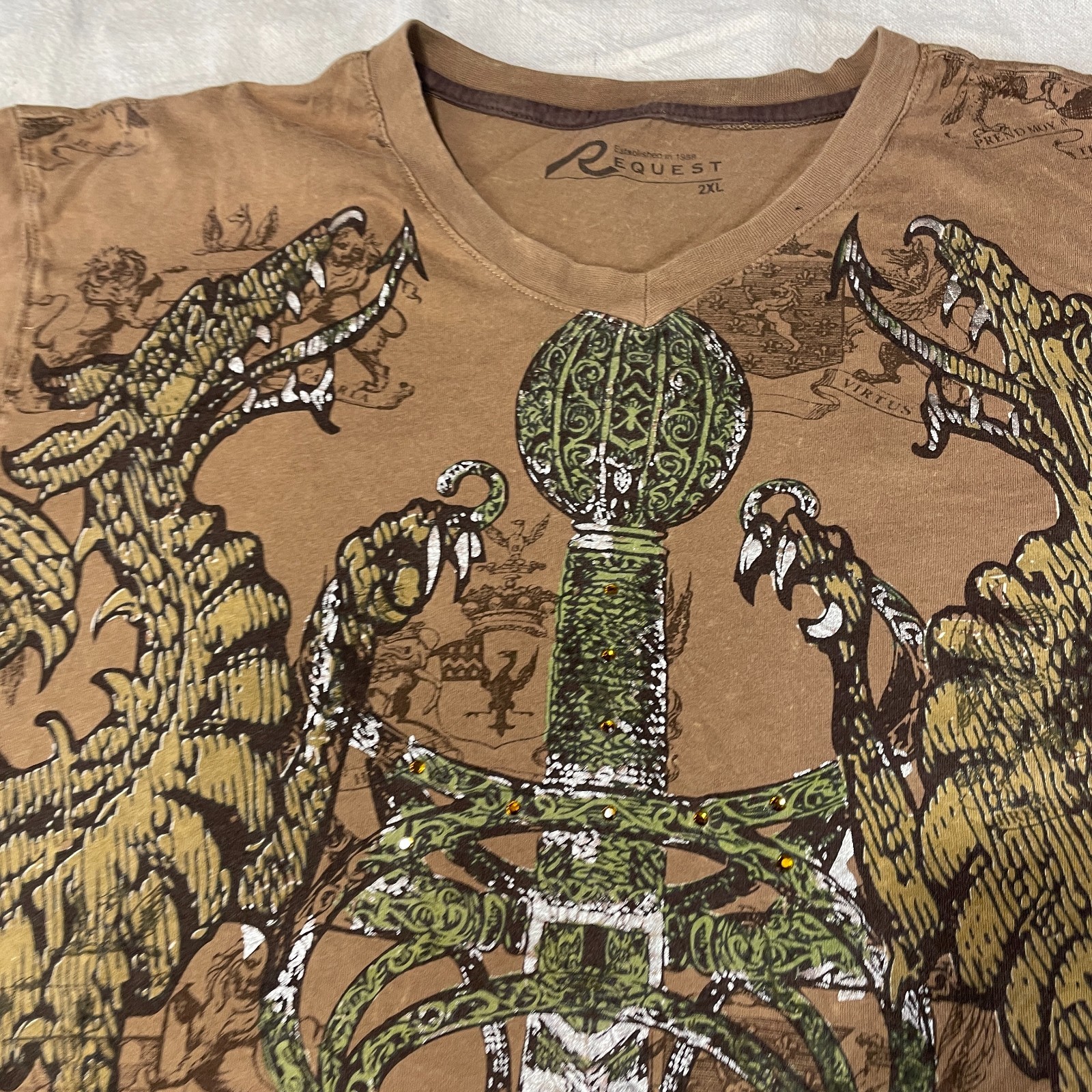 Request Shirt Mens 2XL XXL Brown Y2K Cyber Punk Mall Goth Grunge Dragon Sword