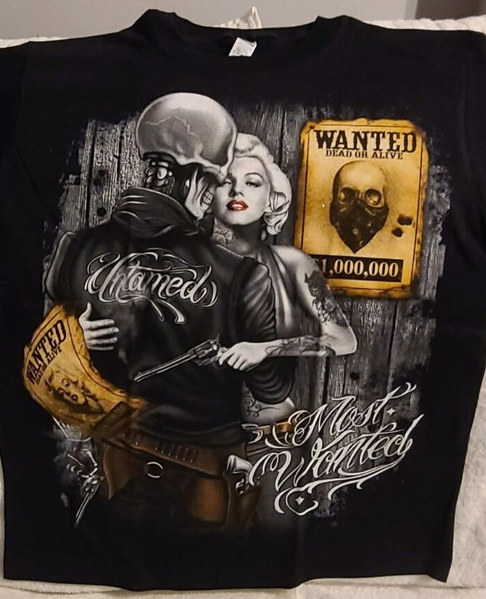 SKELETON SKULL MARILYN MONROE GUN TATTOO UNTAMED MOST WANTED T-SHIRT