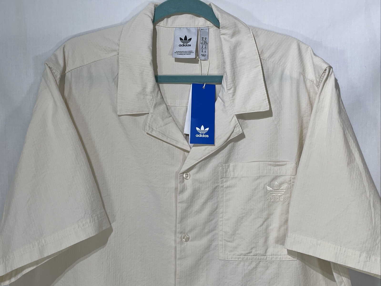 Adidas Men’s Originals Essentials Seersucker Short Sleeve Shirt Wonder White XL