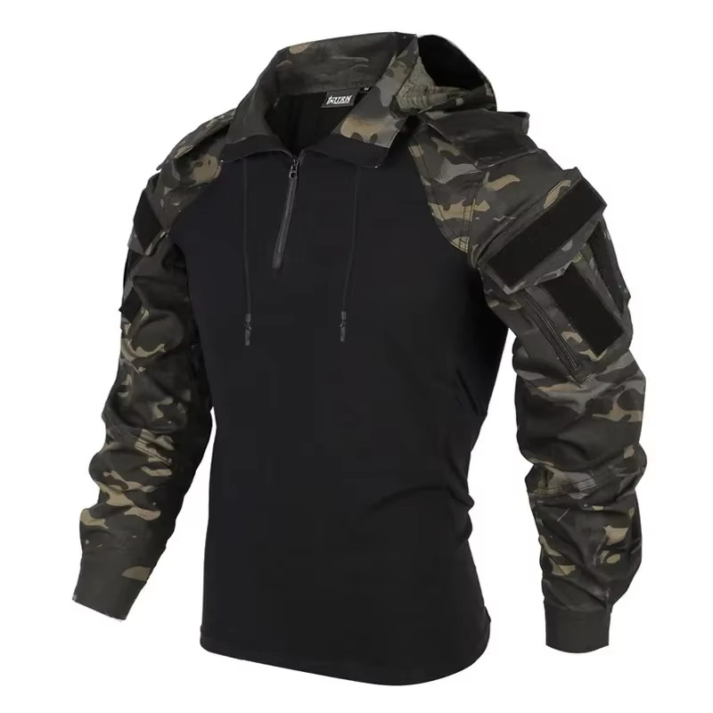 Tactical Combat Shirts Men Long Sleeve Breathable T-Shirt Camo Hooded Quick-Dry