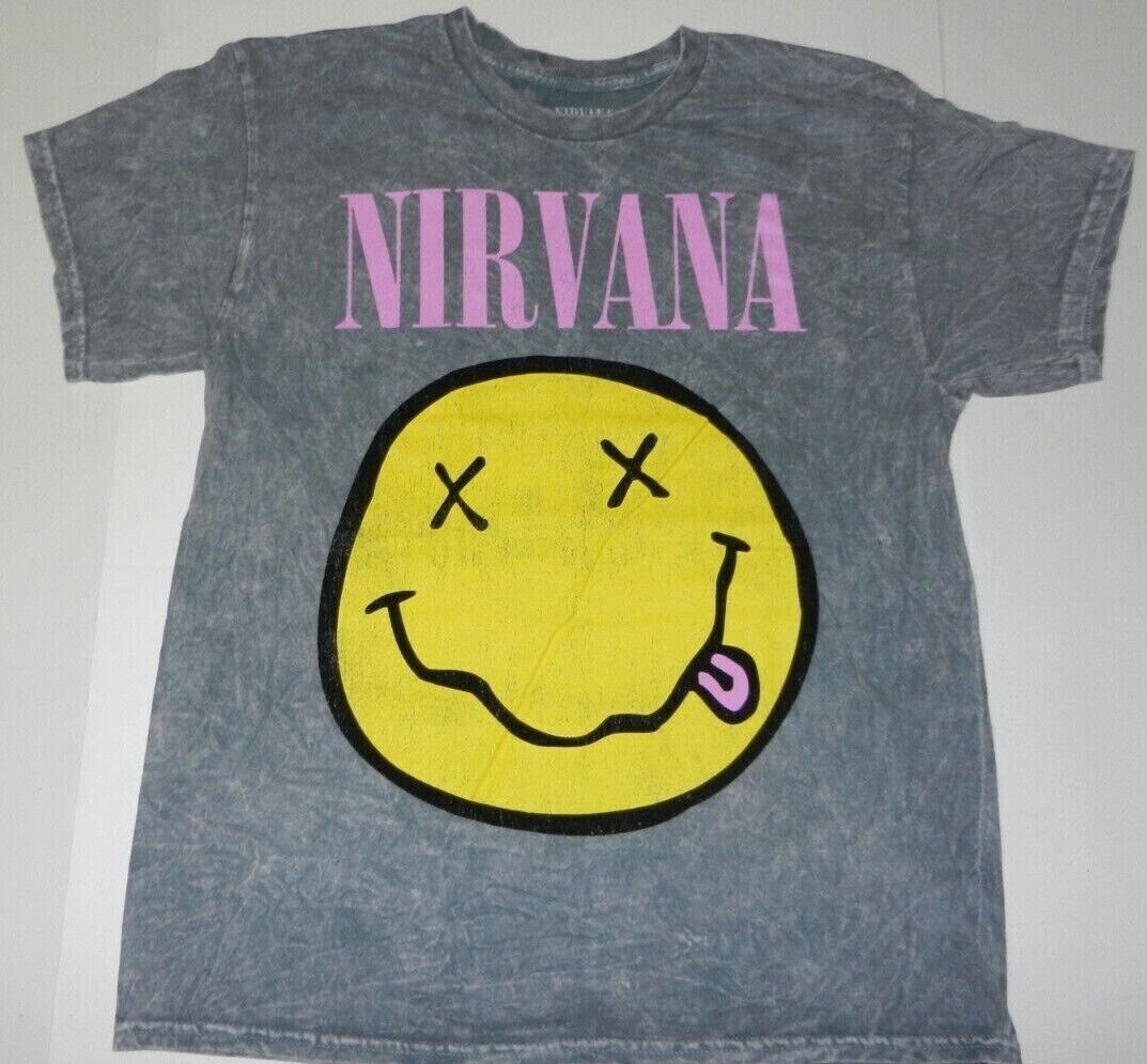 Rock Band Nirvana Smiley Graphic Washed T-Shirt New