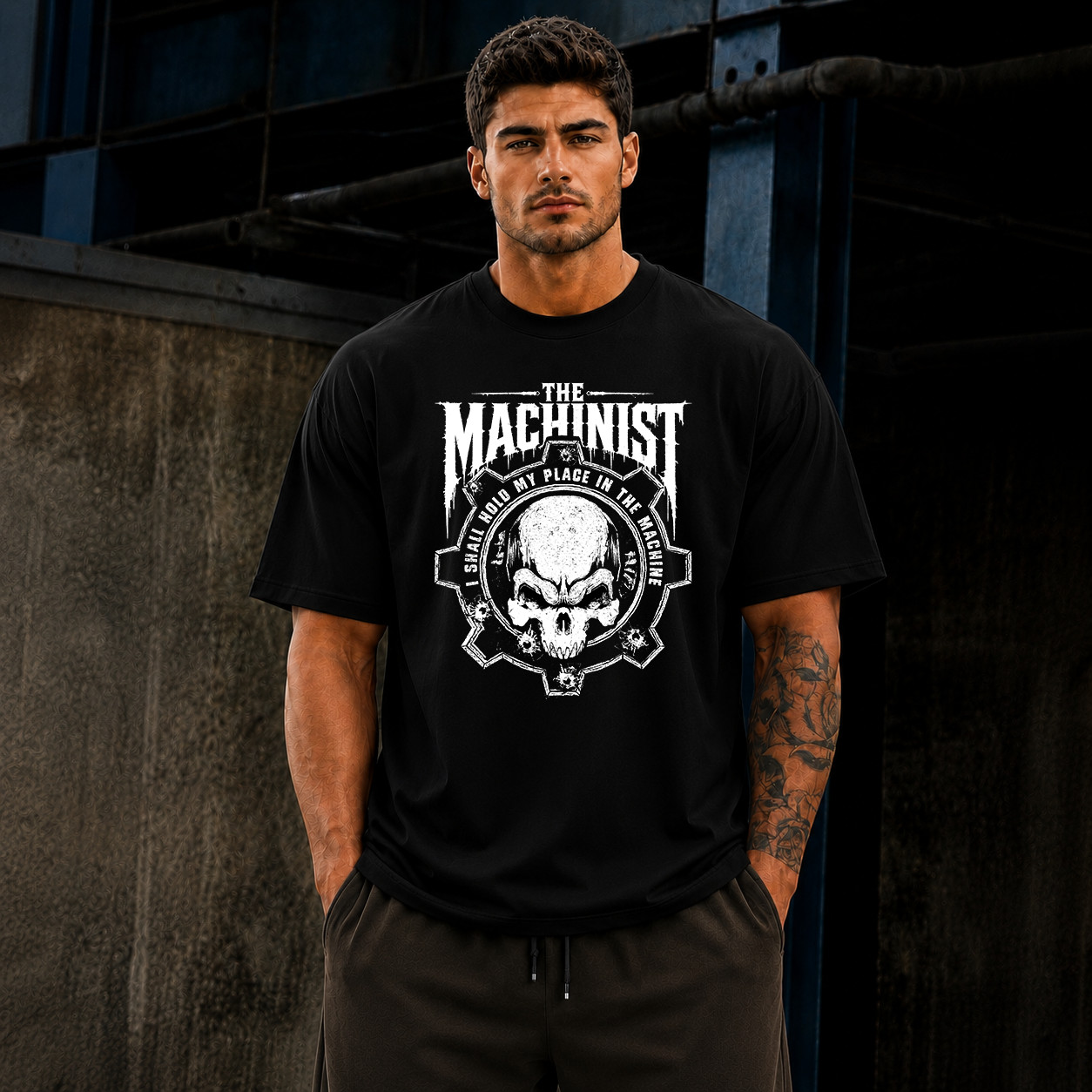 Machinist Vintage Skull Graphic Tee Gothic Streetwear Gym Fitness Cotton T-Shirt