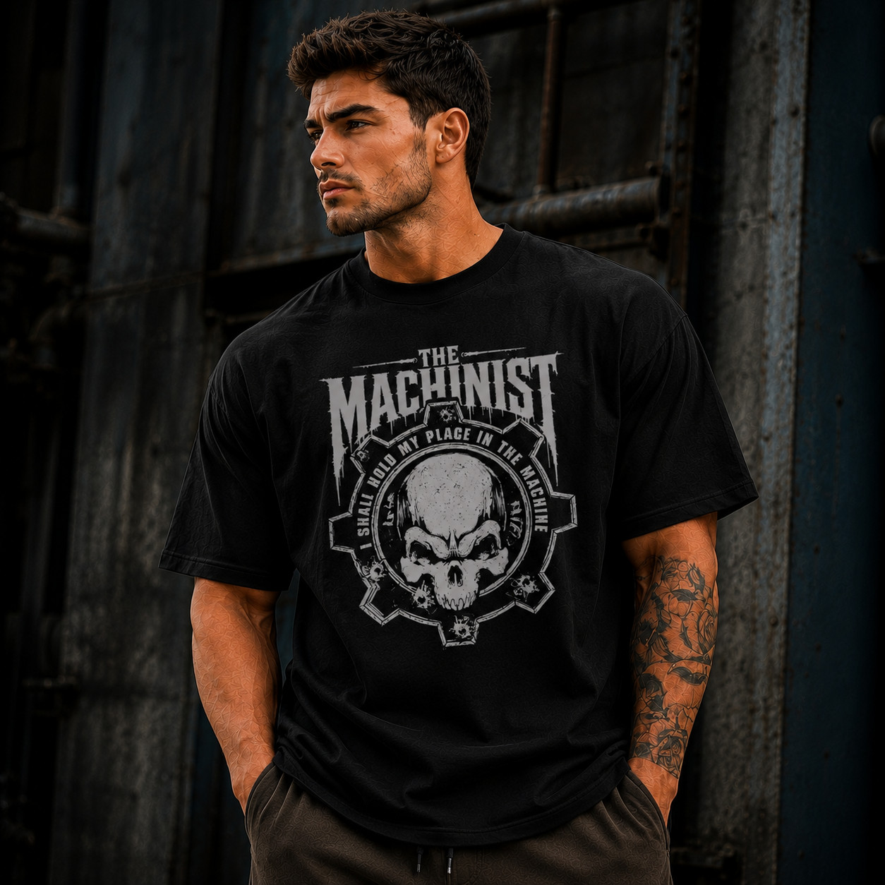 Machinist Vintage Skull Graphic Tee Gothic Streetwear Gym Fitness Cotton T-Shirt