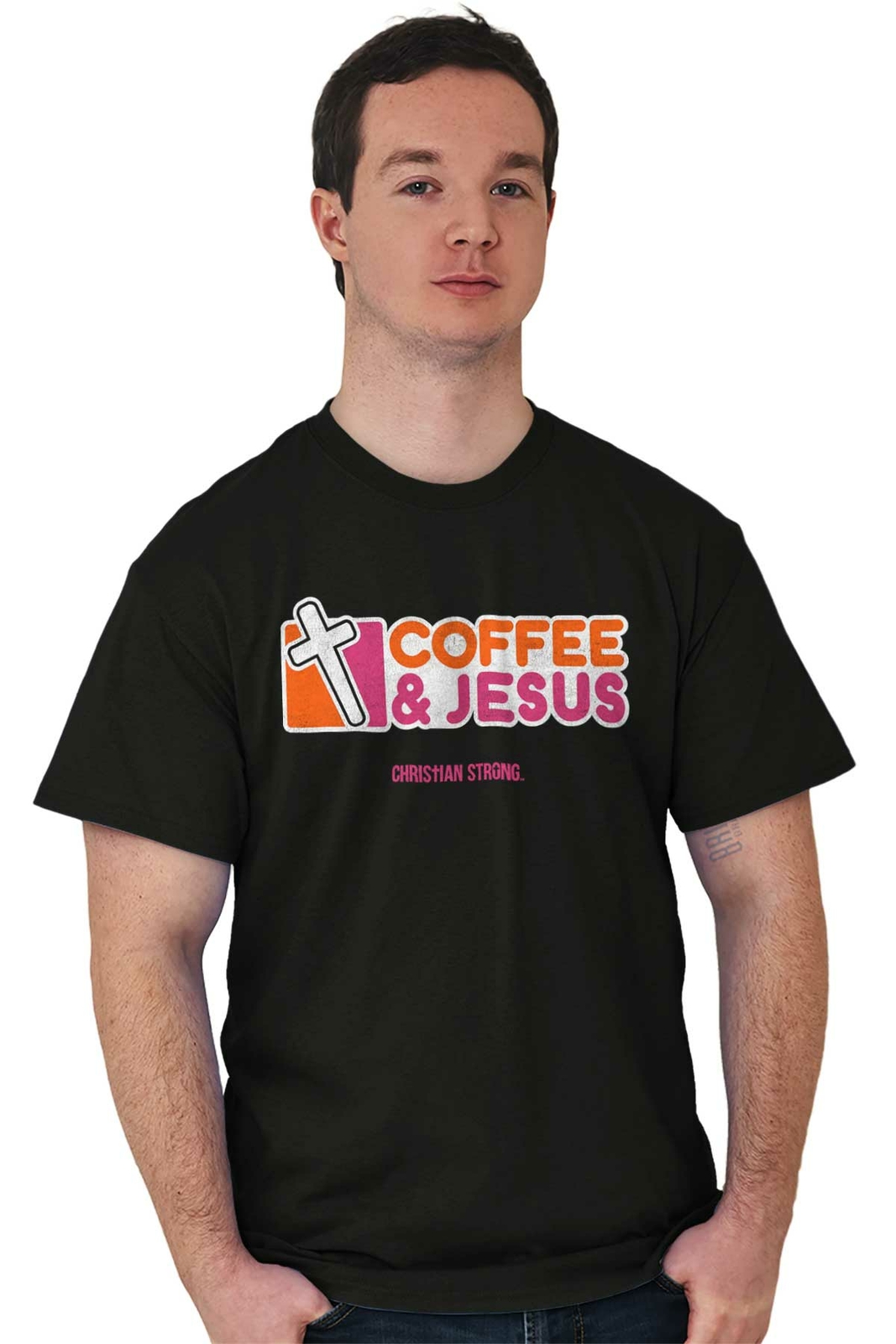 Coffee And Jesus Christ Religious Christian Adult Short Sleeve Crewneck Tee