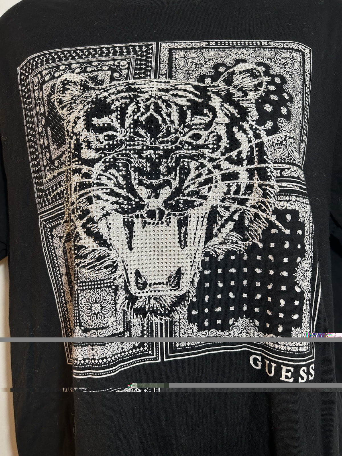 GUESS Men’s Black Tiger Graphic Logo Tee Crew Neck Short Sleeve Cotton L