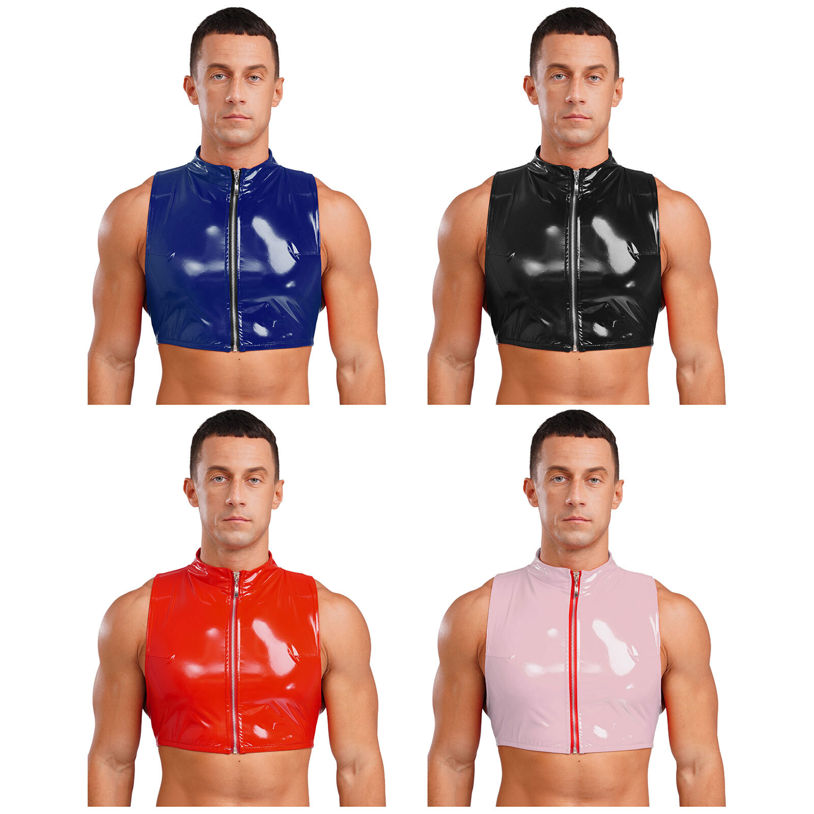 Mens Glossy Cropped Vest Wet Look Patent Leather Crop Top Shirt Clubwear Tee