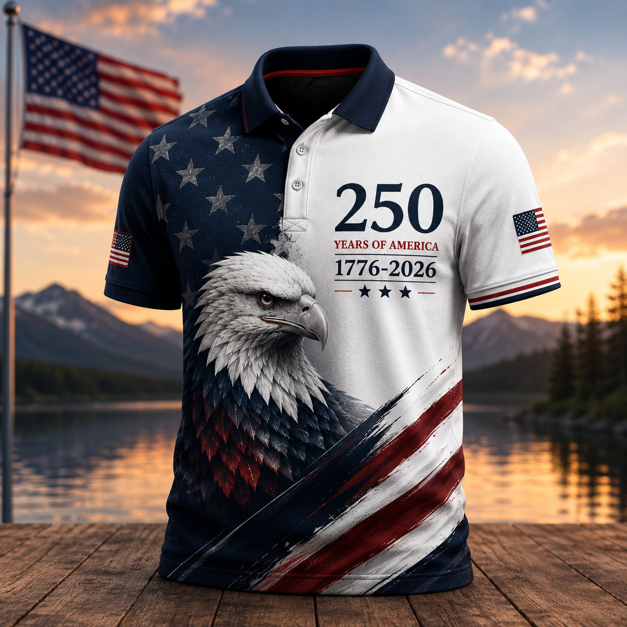 USA 250 Years of America Golf Polo Men Eagle 1776-2026 American Flag S-5XL