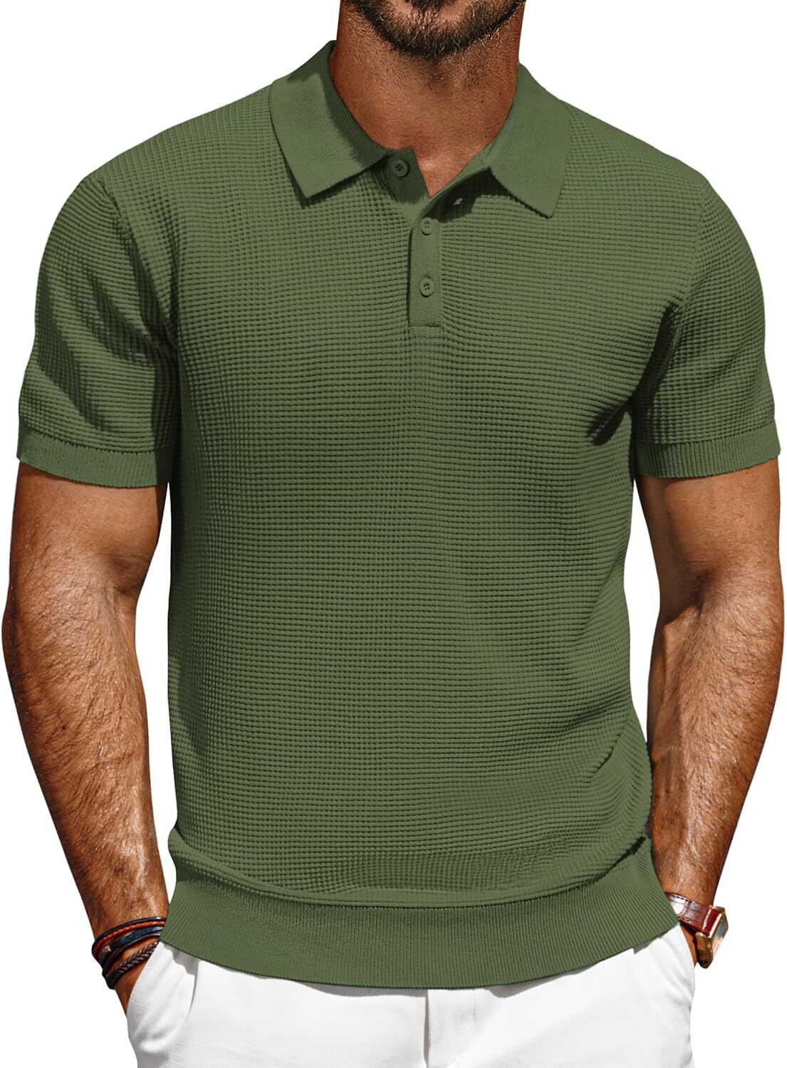Men’s Short Sleeve Polo Shirt Casual Golf Wear Lightweight Waffle Knit Fabric
