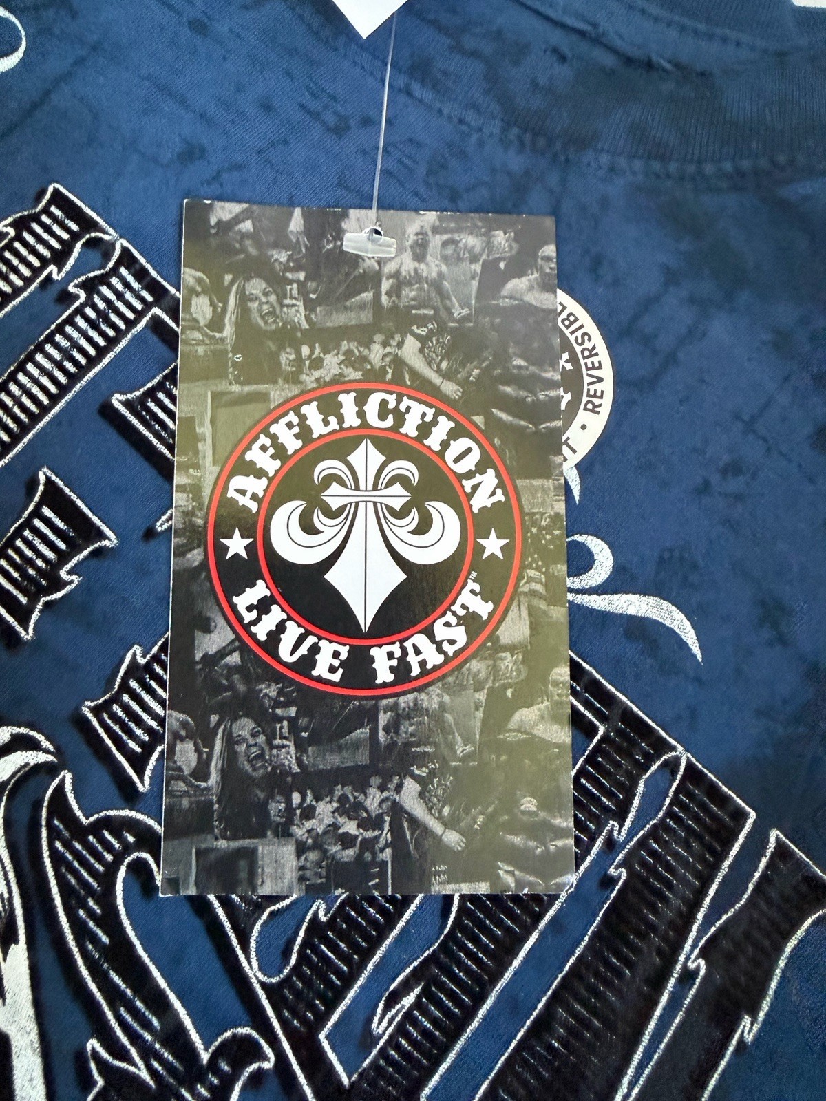Affliction Abrasive Live Fast Reversible Tee Blue Distressed Graphic XXL NWT