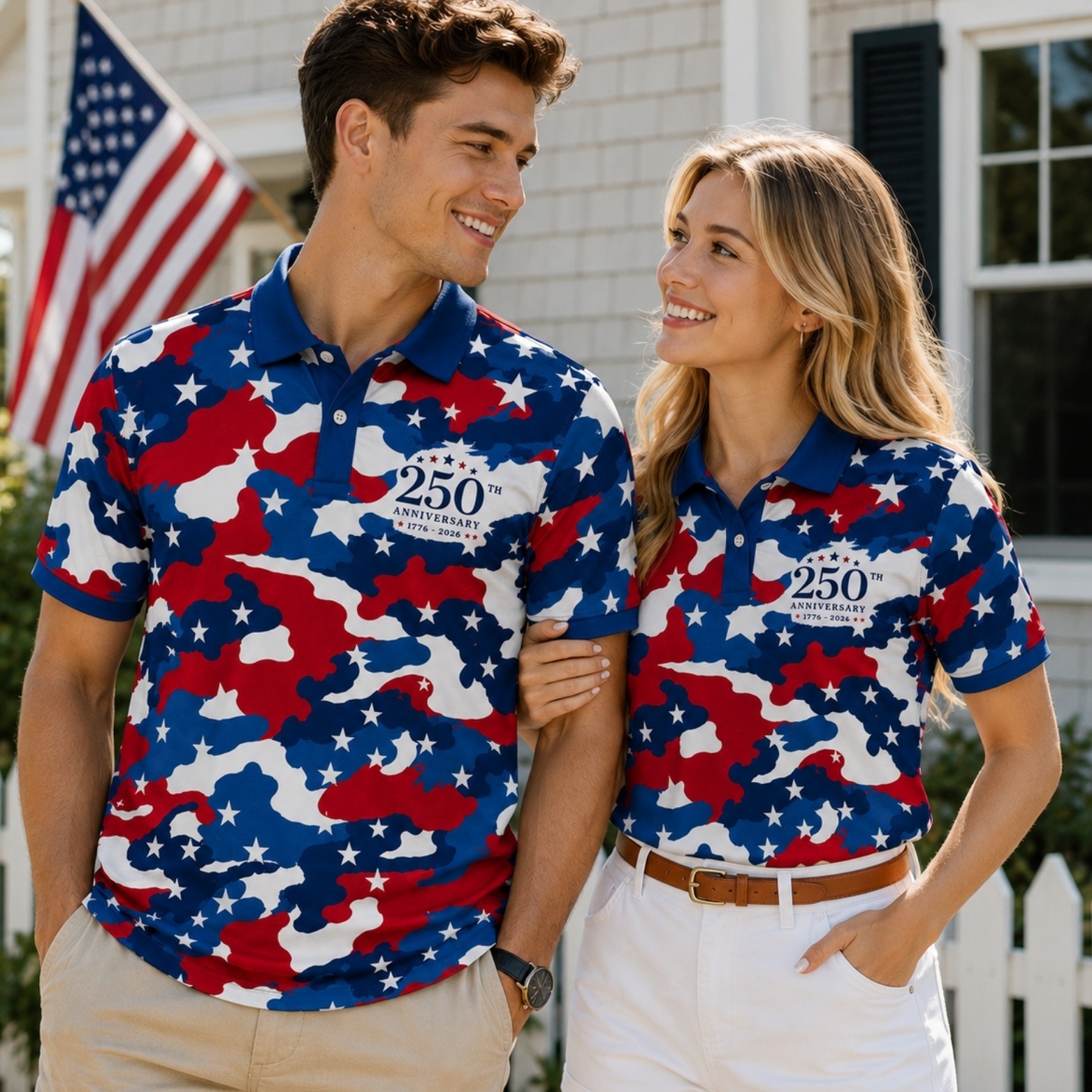 Red White Blue Camo Golf Polo, USA 250th Anniversary 1776-2026 Patriotic (S-5XL)