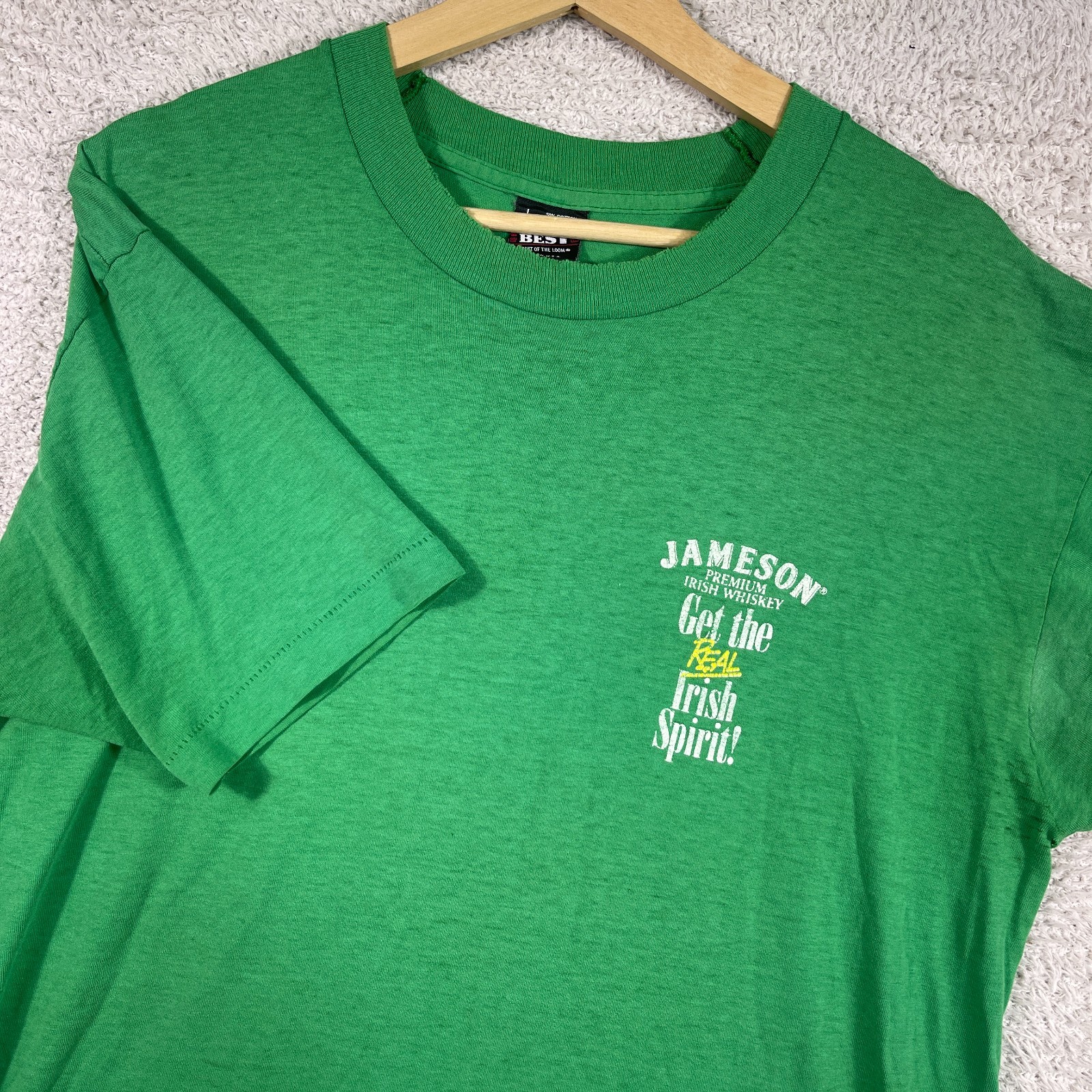 Vintage Jameson Whiskey T Shirt Adult Large Green Distressed Faded Thin USA 80’s