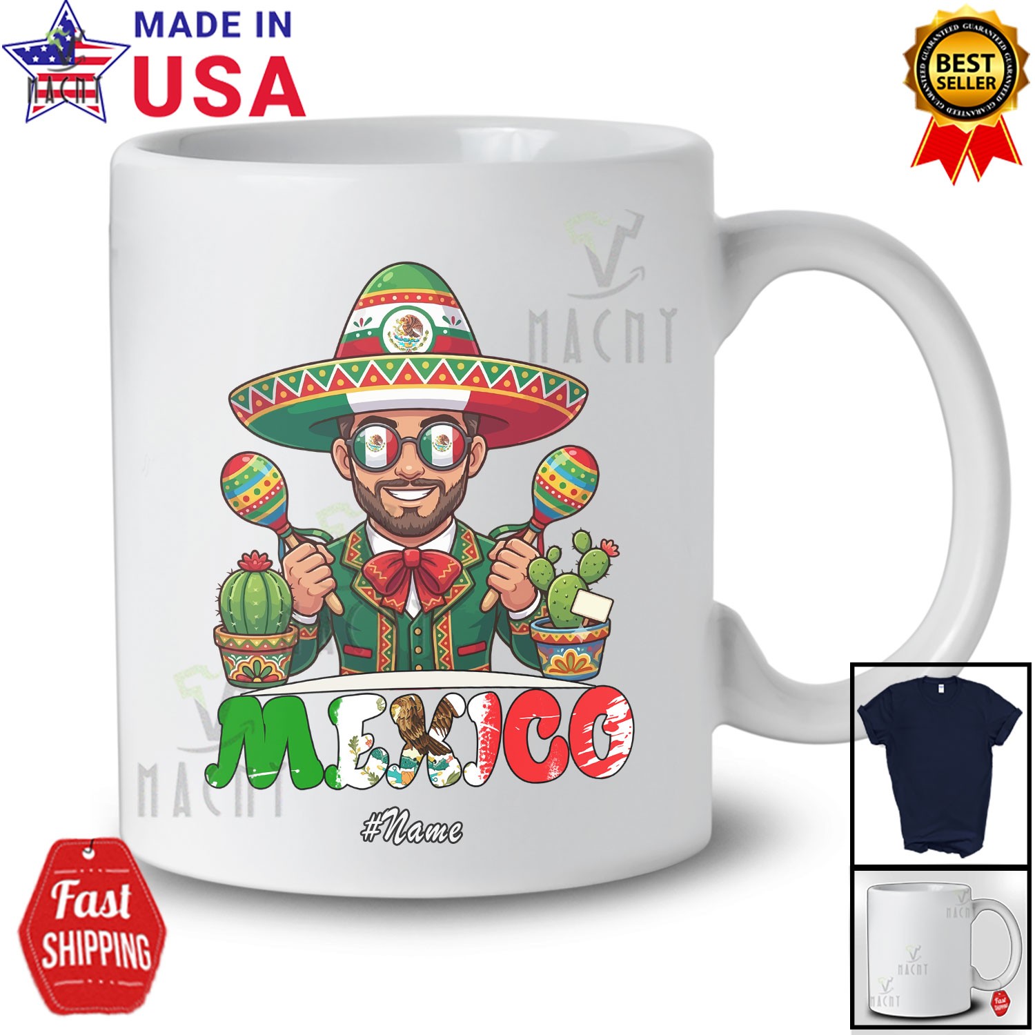 Custom Name Mexico; Independence Day Men Mexican Flag Sunglasses Sombrero Shirt