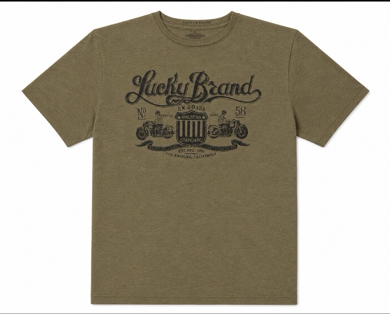 Lucky Brand T-Shirt Men’s M Olive Green Motorcycle Biker Short Sleeve Crew Neck