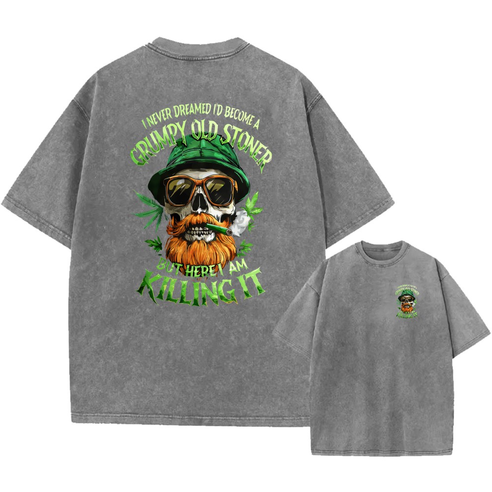 Vintage Oversized Washed Tee,Skull Grumpy Old Stoner Print Unisex Casual T-Shirt