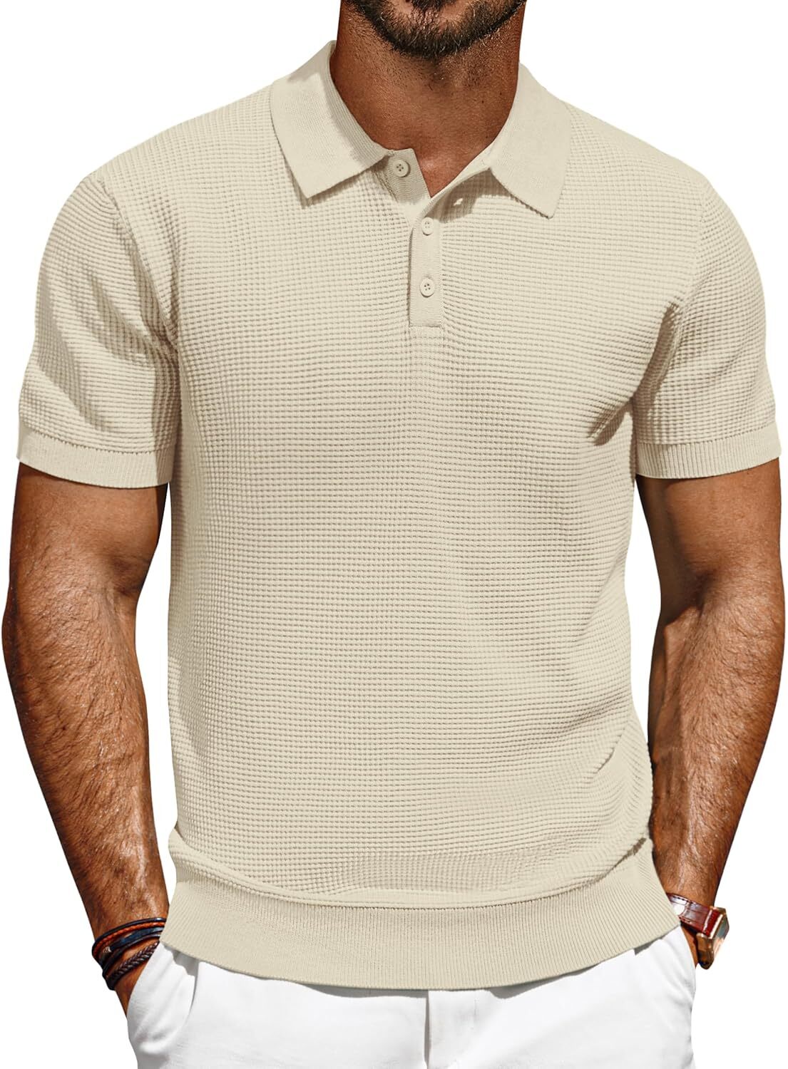 Men’s Short Sleeve Polo Shirt Casual Golf Wear Lightweight Waffle Knit Fabric