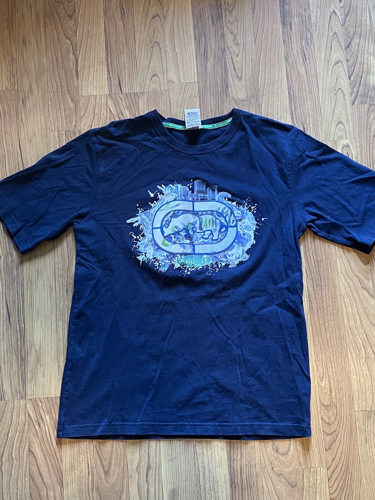 Ecko Unltd Navy “The Block Is Hot” T-Shirt Plastic Embroidered Graffiti Rhino XL