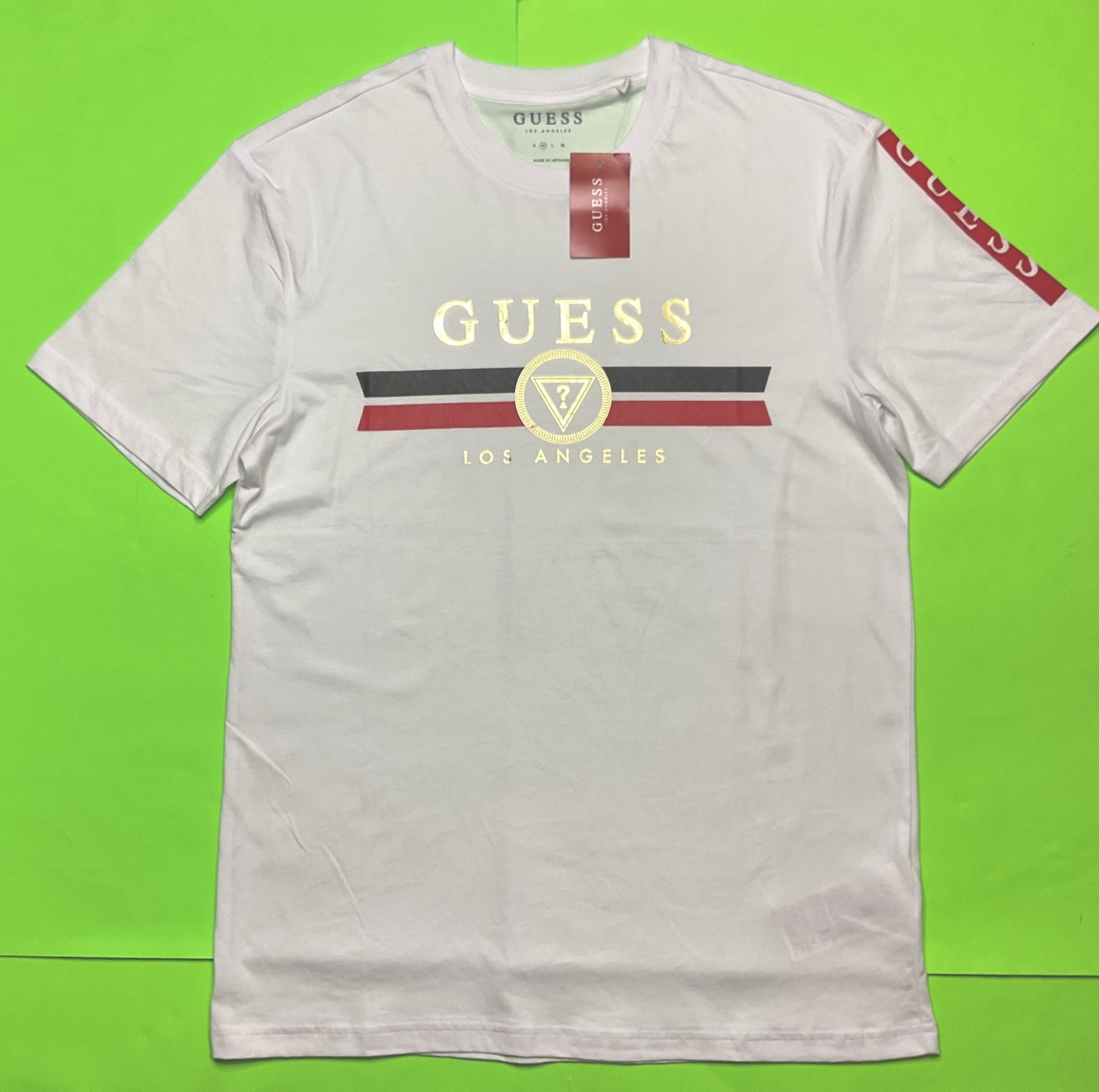 GUESS Los Angeles Men’s Short Sleeve T-Shirt MEDIUM White w/Black, Red, Gold NEW