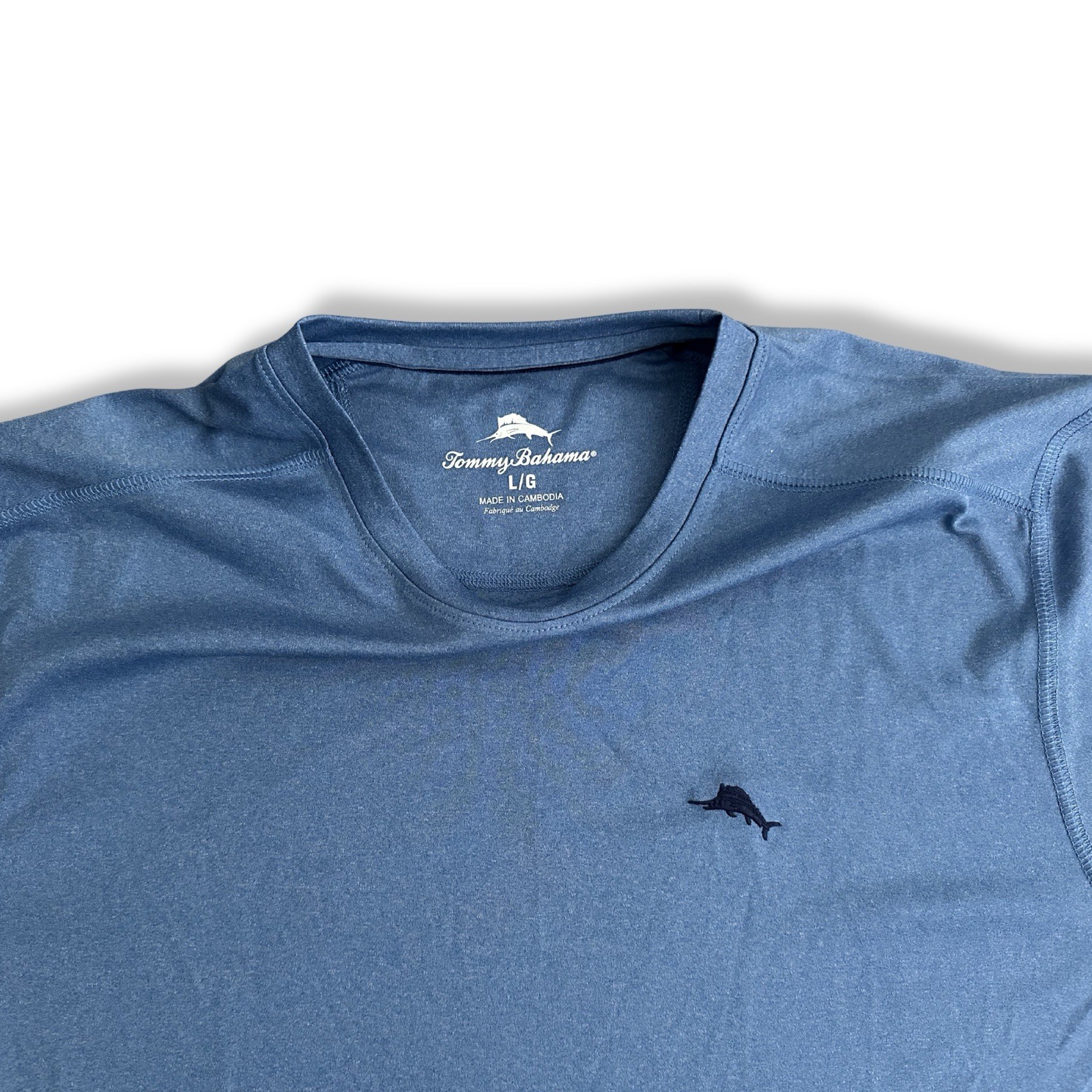 Tommy Bahama Mens Large Blue Performance Shirt Athletic Stretch Short Sleeve Tee