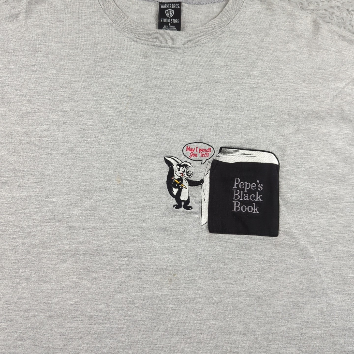 Vintage Warner Bros Studio Store Shirt Mens L Gray Pepe Le Pew Pocket Black Book
