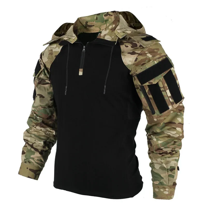 Outdoor Shirts Camo Combat T-Shirt Hooded Men Tactical Shirt Airsoft