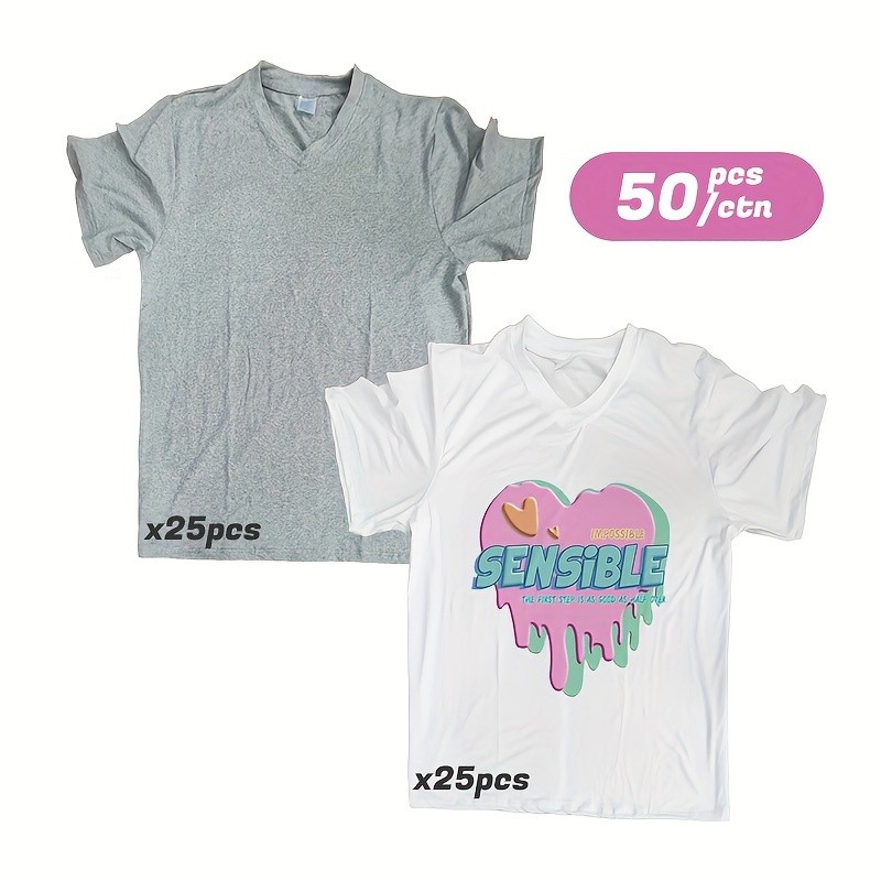 50 Pack V-Neck Sublimation Blanks T-Shirts Mixed Sizes White Grey Polyester