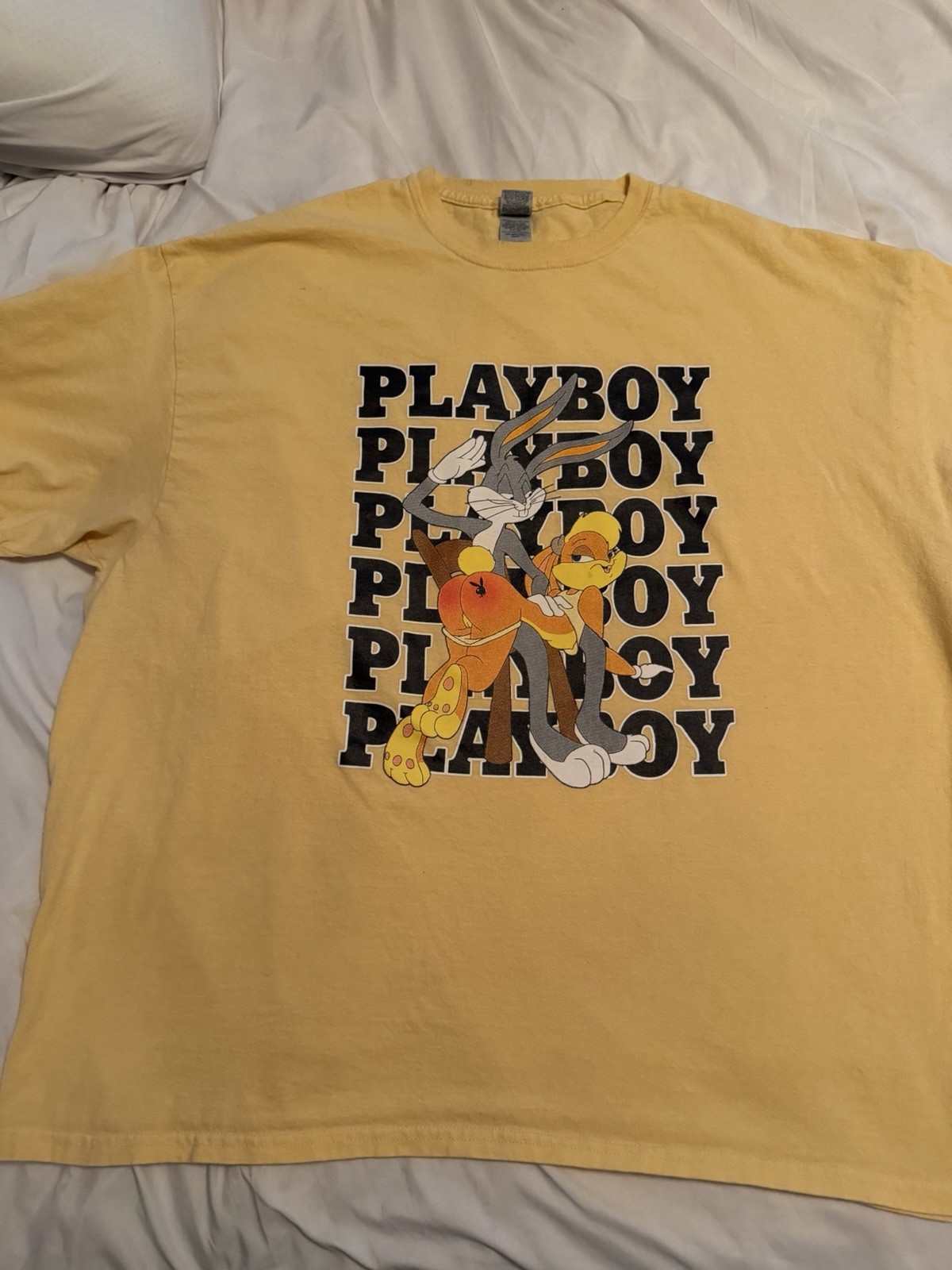 Y2K Playboy Bugs Bunny Lola Bunny Graphic T-Shirt Yellow 2XL Looney Tunes RARE