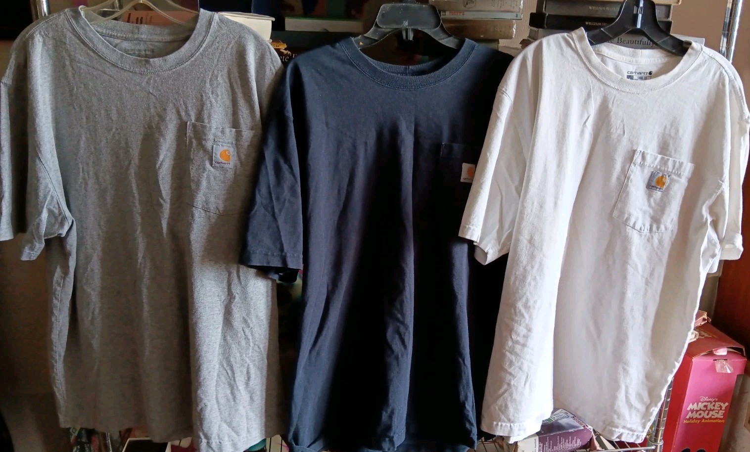 Three (3) Carhartt Loose Fit Pocket T-Shirts Mens Size L Black White Gray