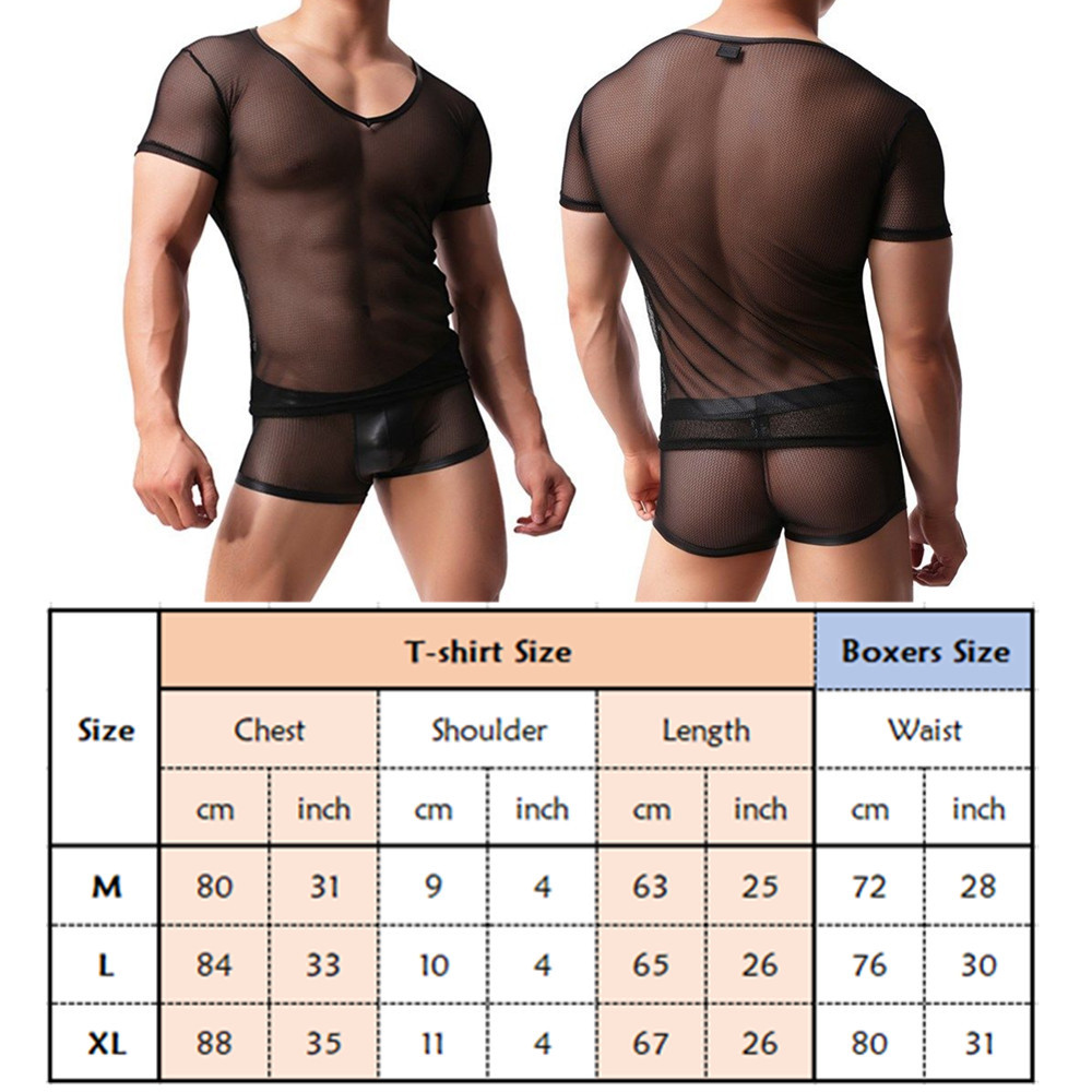 Mens Mesh T-shirt Gym Training Tank Top Fish Net Sheer Sexy Boxers Shorts M L XL