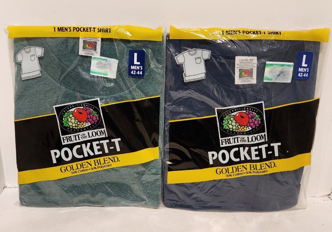 Vtg 1998 Fruit Of The Loom Pocket T Shirt SZ Large Lot of 2, Green Navy Blue