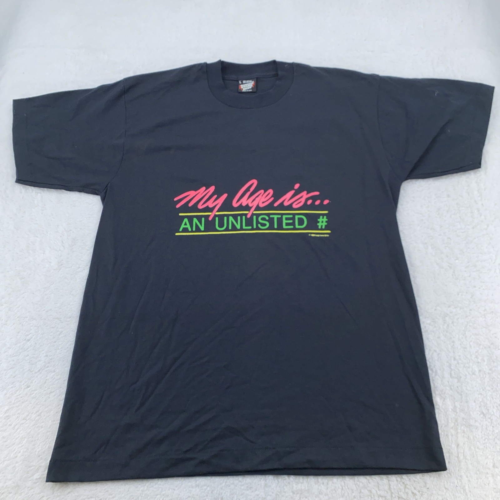 vtg My Age Is An Unlisted Number Shirt M/L Black 80s Birthday Funny Joke Old