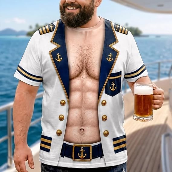 3D Hairy Body 6 Pack ABS Fake Captain Uniform Nautical Funny T-Shirt Size S-5XL