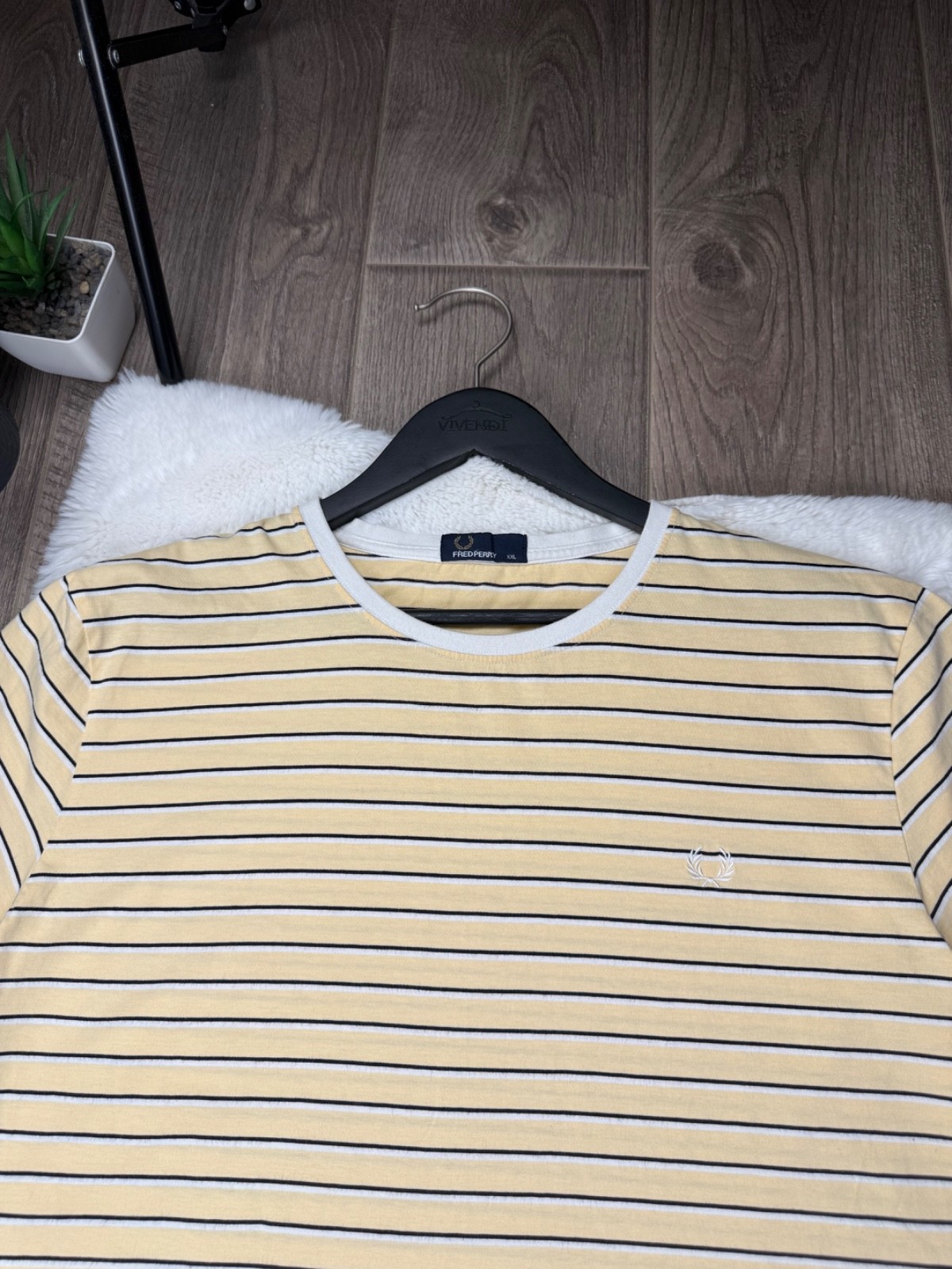 Fred Perry T-Shirt Men’s XXL Yellow Striped Crew Neck Cotton Tee
