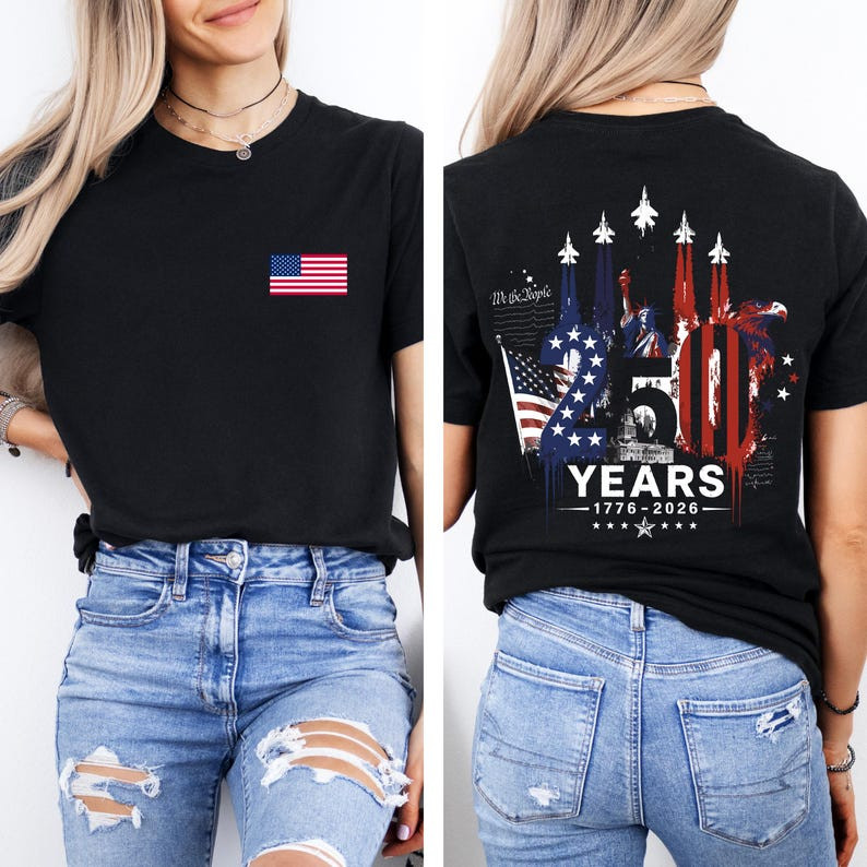 America 250 Shirt, 1776 to 2026 Fighter Jet Tee, Front and Back Print Patriotic