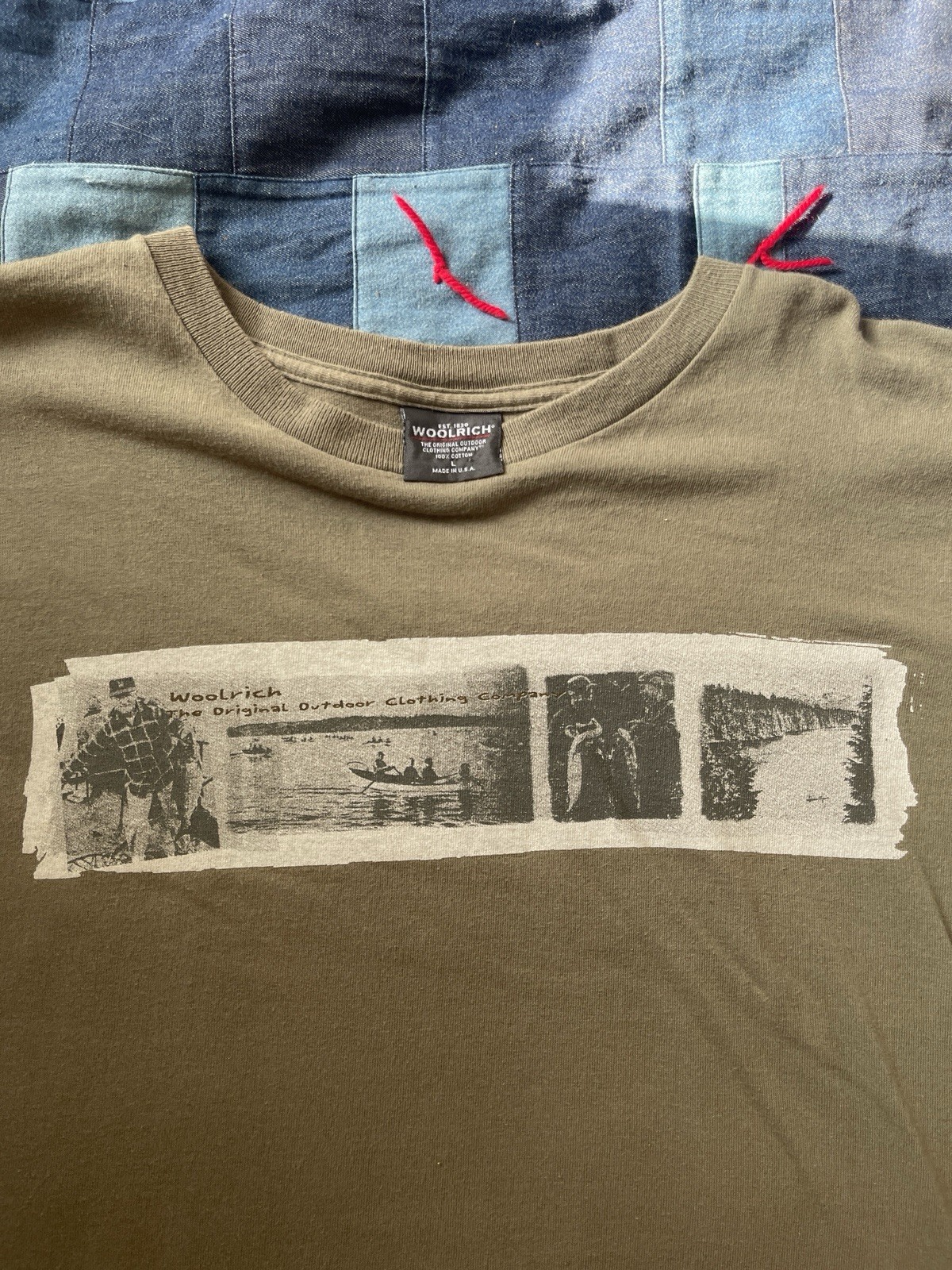 Vintage 90s Woolrich Graphic T-Shirt Outdoors Fishing Size Large USA Made Green