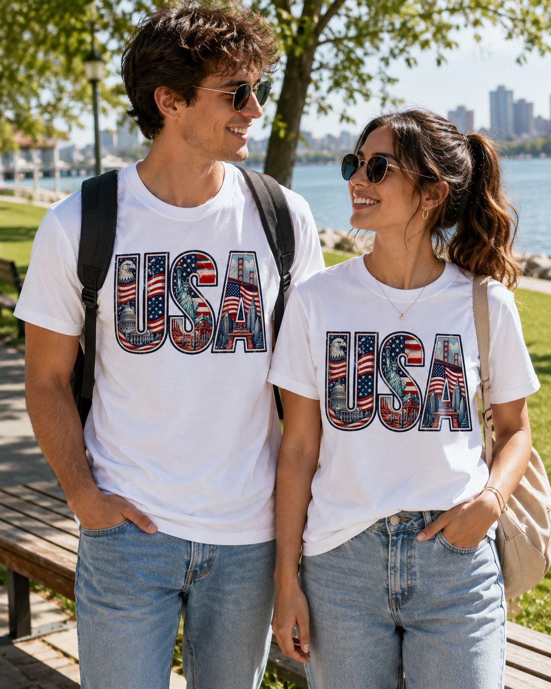 USA Patriotic Landmarks American Flag Eagle Statue of Liberty Graphic T-Shirt