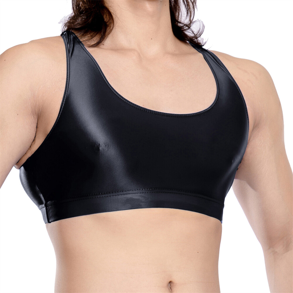 Men’s Oil Shiny Glossy Transparent Undershirts Sexy Vest Sport Fitness Crop Tops