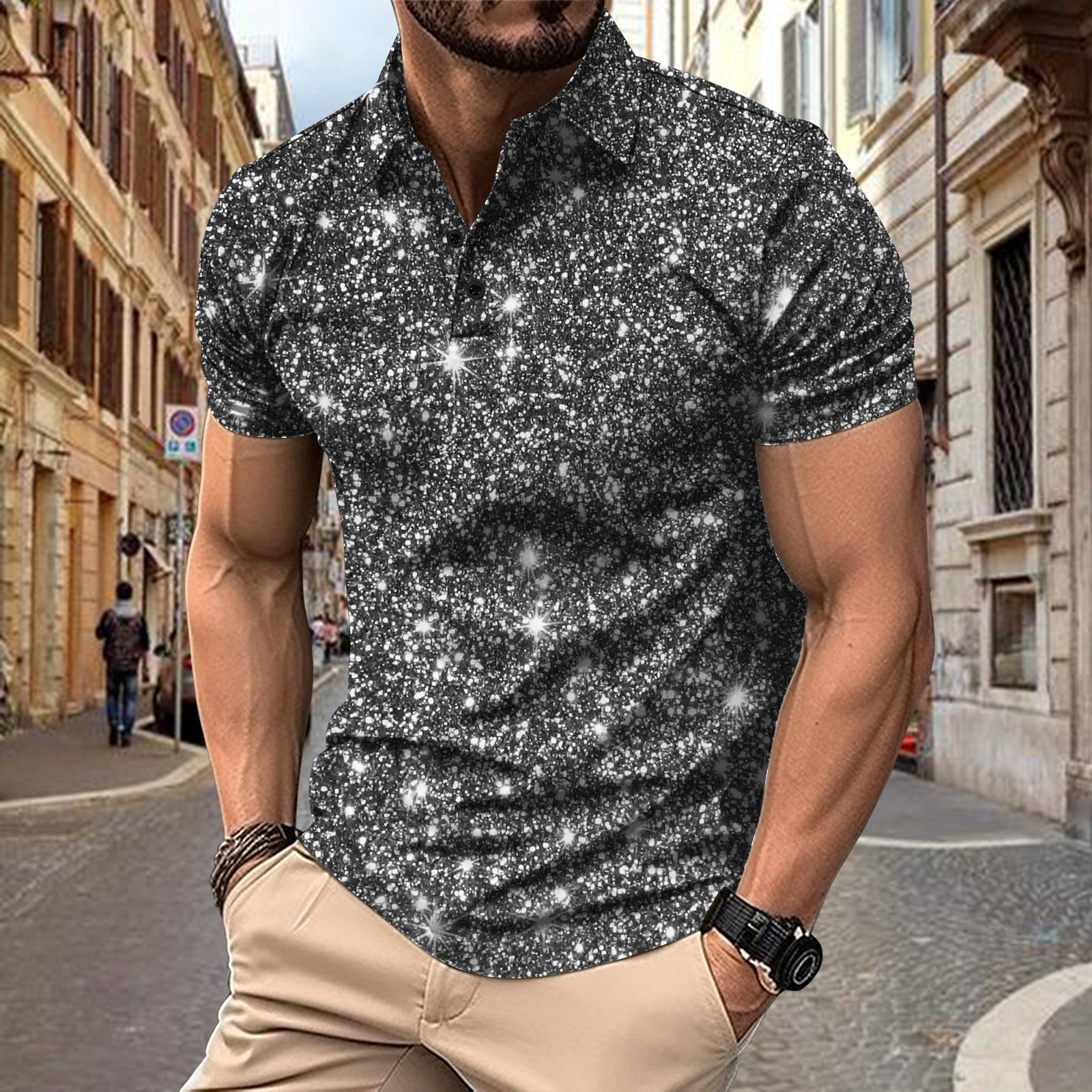 2025 New Men’s Shirt with Digital Printed Button Street Casual T-shirt Top Men
