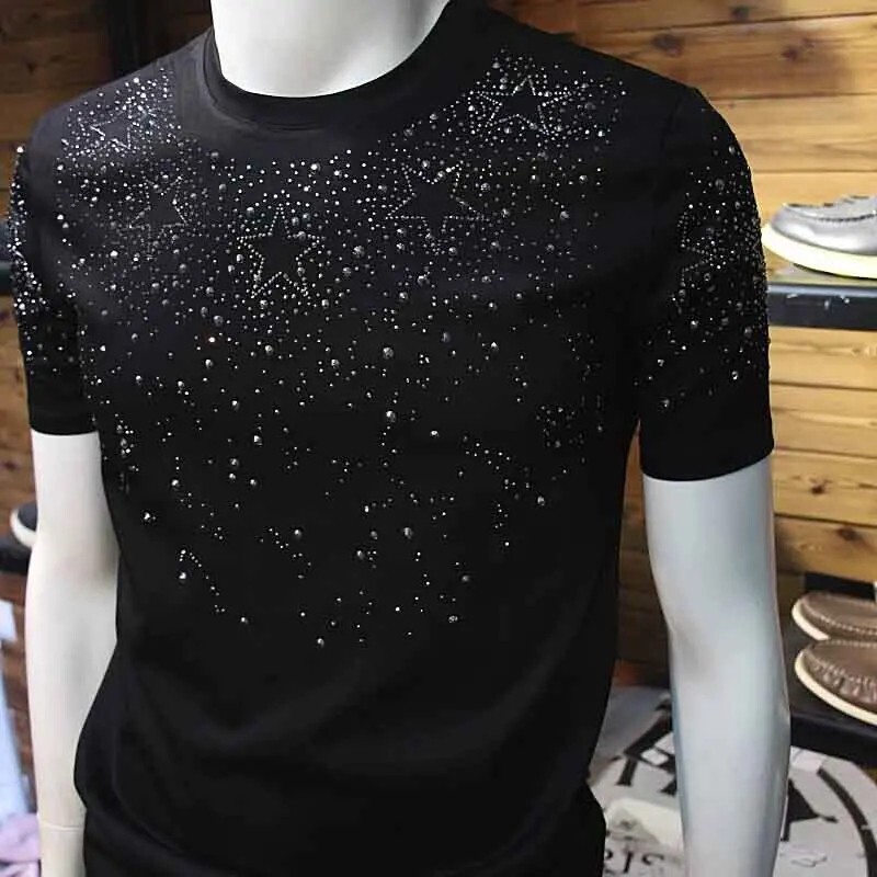 New Fashion Star Trend Rhinestone Diamond Summer Short Sleeve Luxury Men T-Shirt