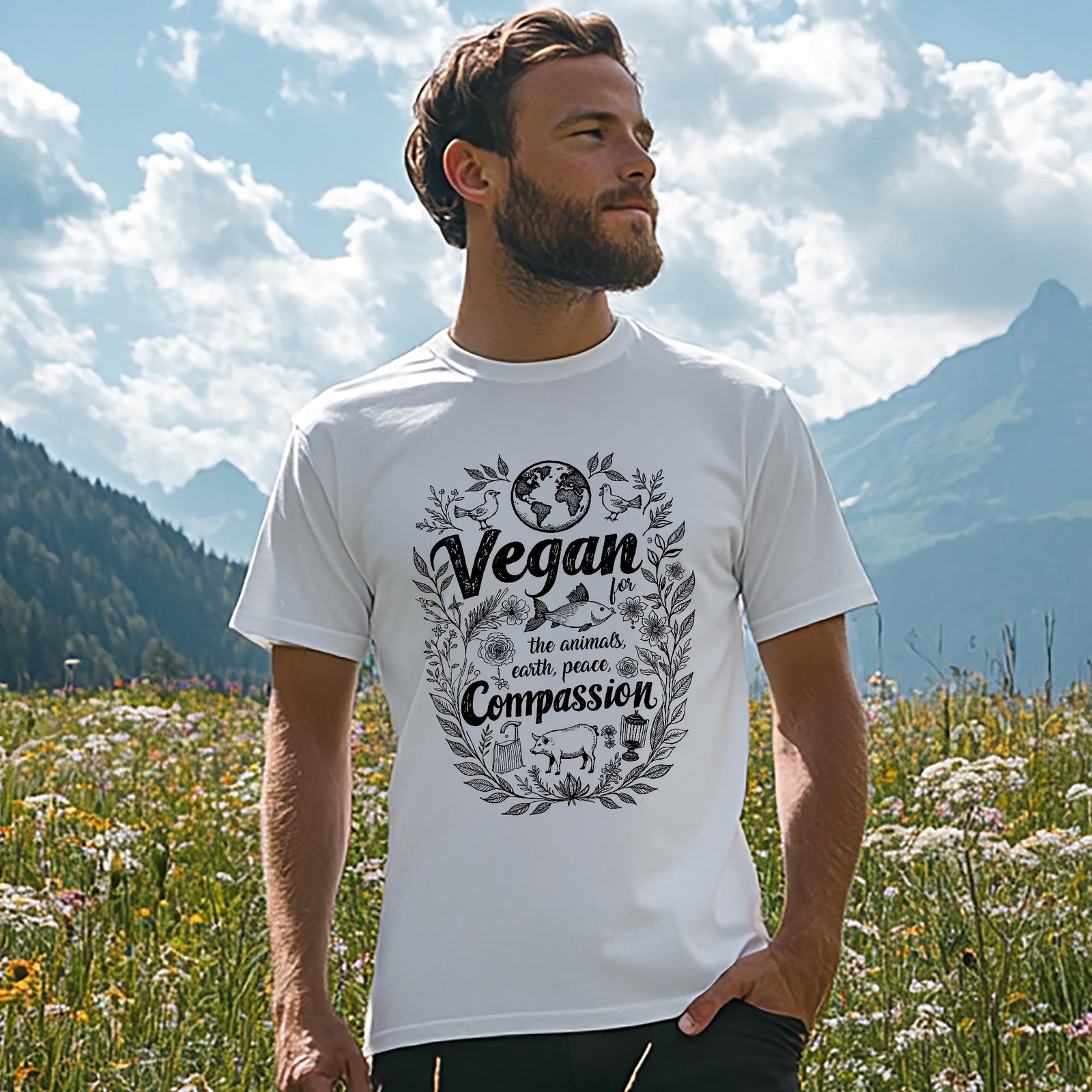 Vegan T Shirt for Men The Animals Earth Peace Compassion Mens Top Gift for Him