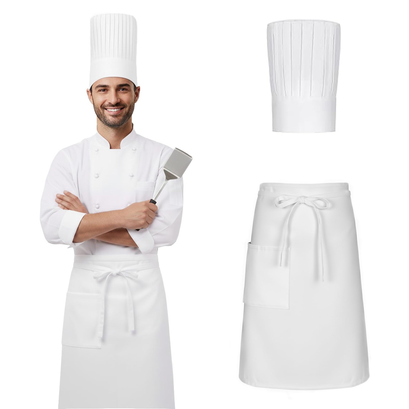 Cotton Blend Kitchen Uniform Restaurant Cooking Wear White Apron and Hat